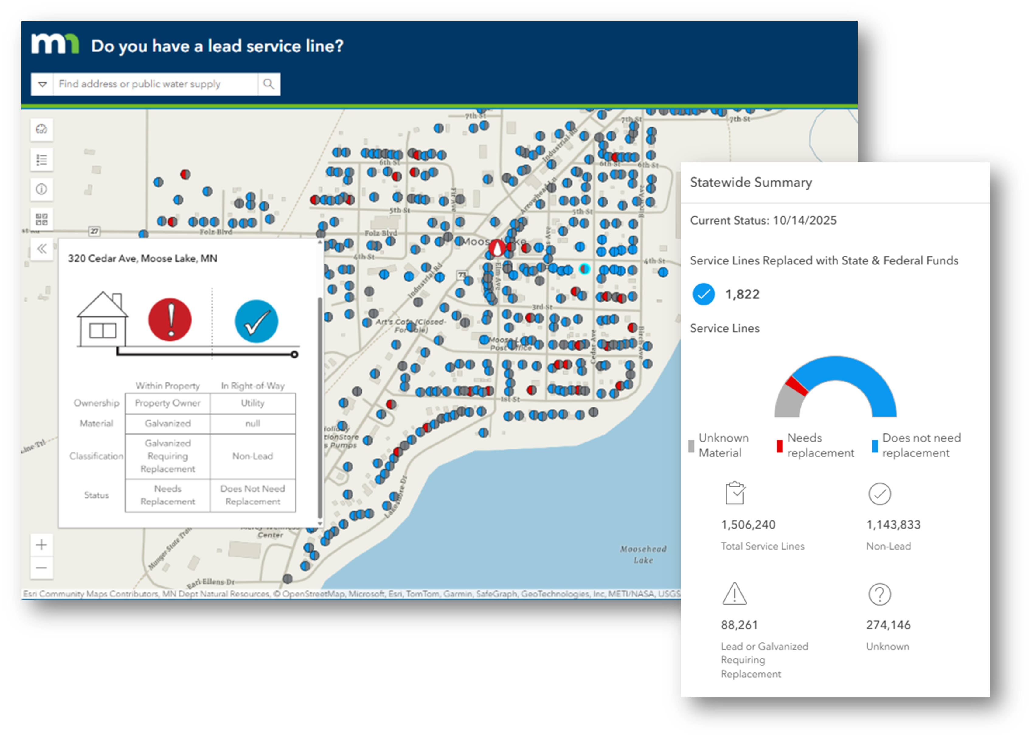 Lead service line map showing the 10/14/2025 status of service line replacement at an address